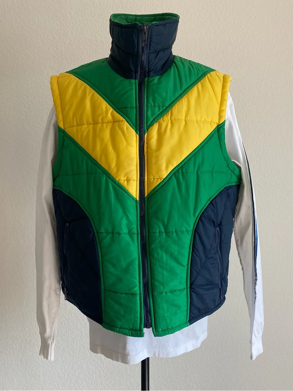 Vintage Sears Outerwear blue yellow navy colorblocking puffer vest, L